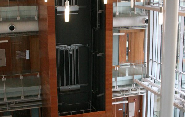 elevator surround with 3 floors of wood panels